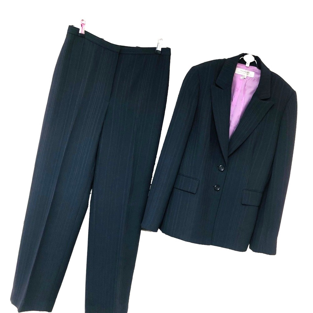 Tahari Pinstripe‎ Pant Suit Gray Minimalist Lined Capsule Career Office Womens 6